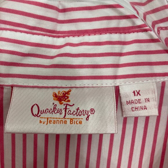Quacker Factory Top sz 1X Pink White Striped Embroidered Short Sleeve Button Up - Picture 2 of 9